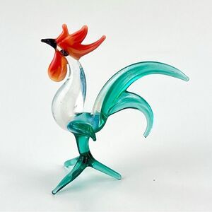 Vintage Handmade  Art Glass Mini Rooster Chicken Green Swirl Feathers  2"